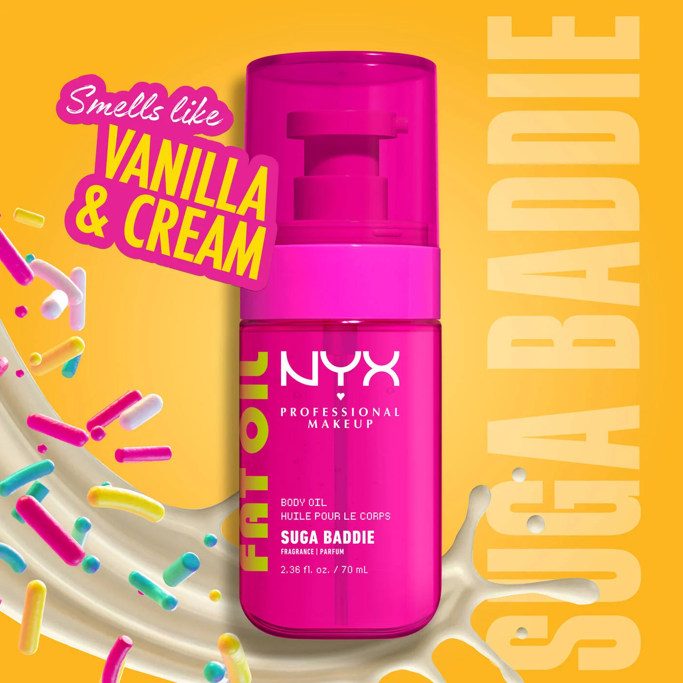 NYX-FAT OIL BODY OIL SUGA BADDIE Vanilla body oil with a clear, glossy finish