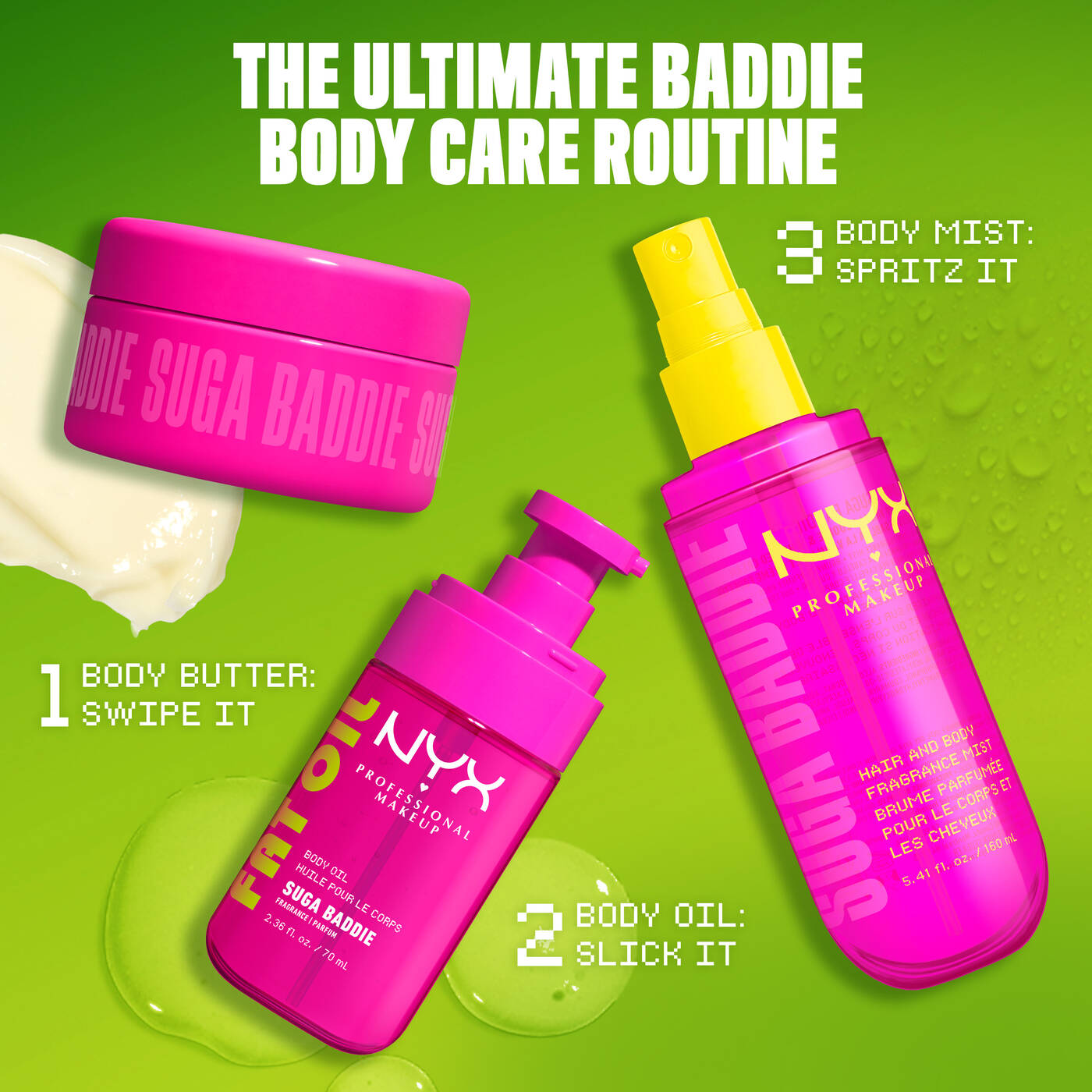 NYX-FAT OIL BODY OIL SUGA BADDIE Vanilla body oil with a clear, glossy finish