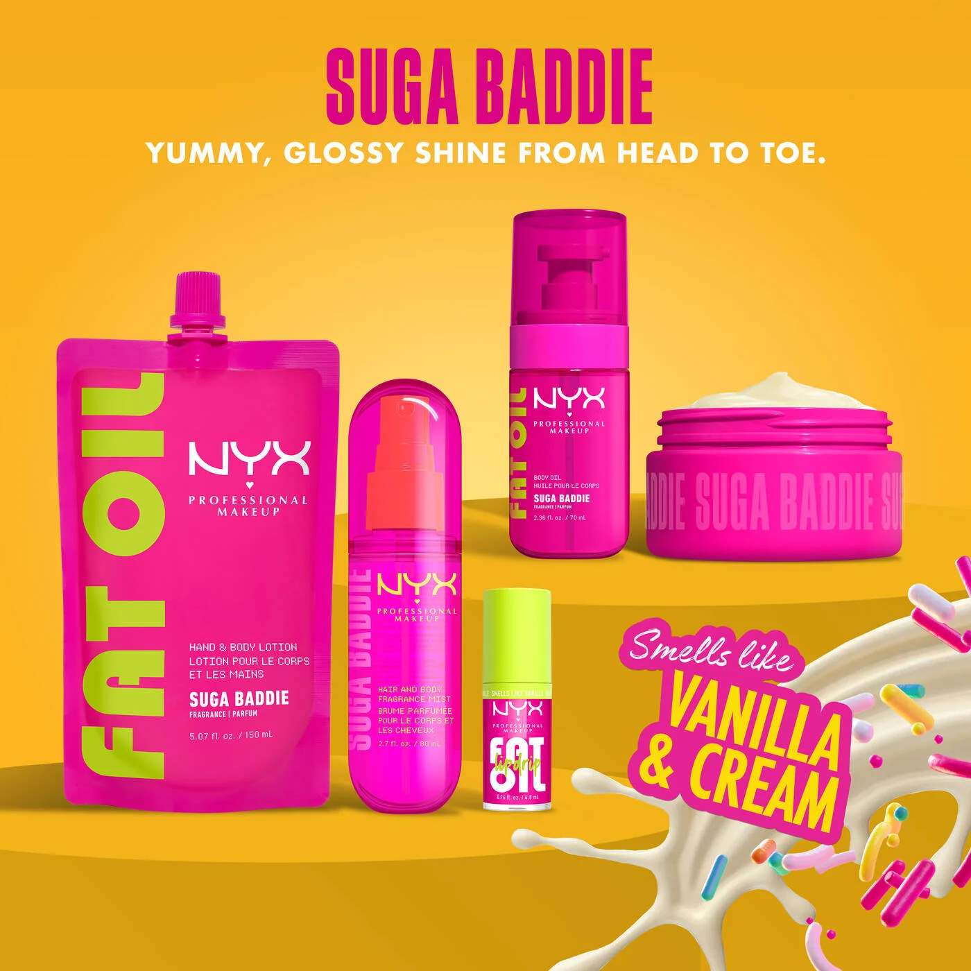 NYX-FAT OIL BODY OIL SUGA BADDIE Vanilla body oil with a clear, glossy finish
