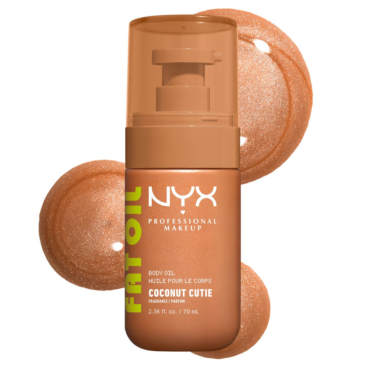 NYX-FAT OIL BODY OIL COCONUT CUTIE Coconut & Peach Scent Body Oil with a golden shimmer finish