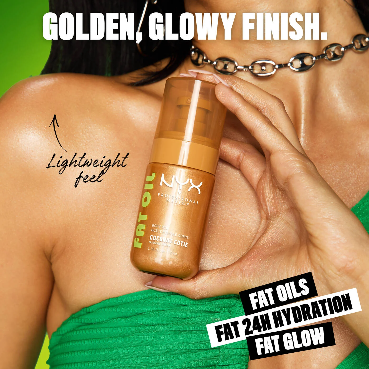 NYX-FAT OIL BODY OIL COCONUT CUTIE Coconut & Peach Scent Body Oil with a golden shimmer finish