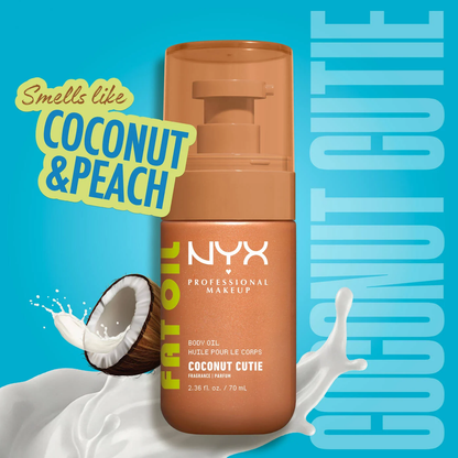 NYX-FAT OIL BODY OIL COCONUT CUTIE Coconut & Peach Scent Body Oil with a golden shimmer finish