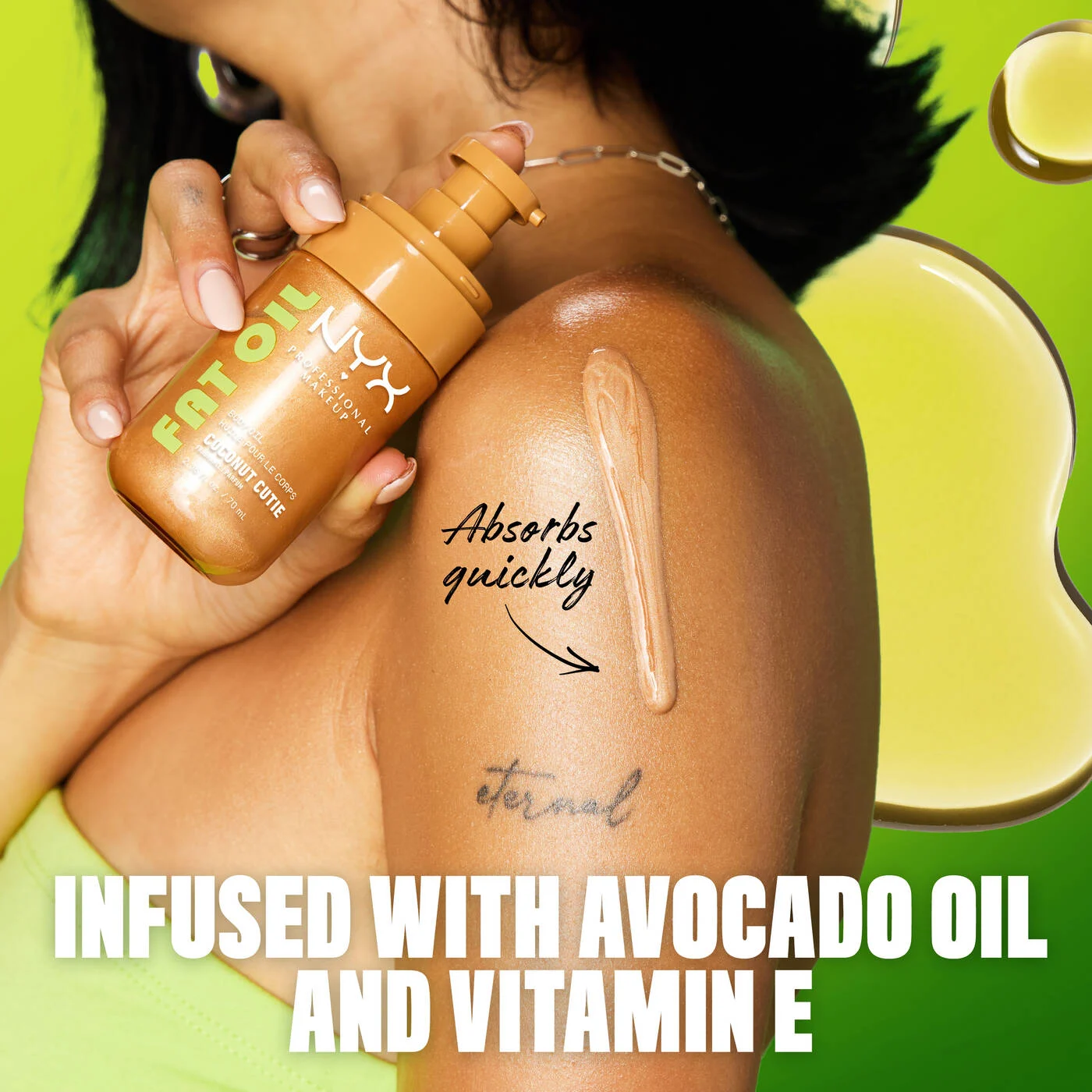 NYX-FAT OIL BODY OIL COCONUT CUTIE Coconut & Peach Scent Body Oil with a golden shimmer finish