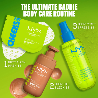 NYX-FAT OIL BODY OIL COCONUT CUTIE Coconut & Peach Scent Body Oil with a golden shimmer finish