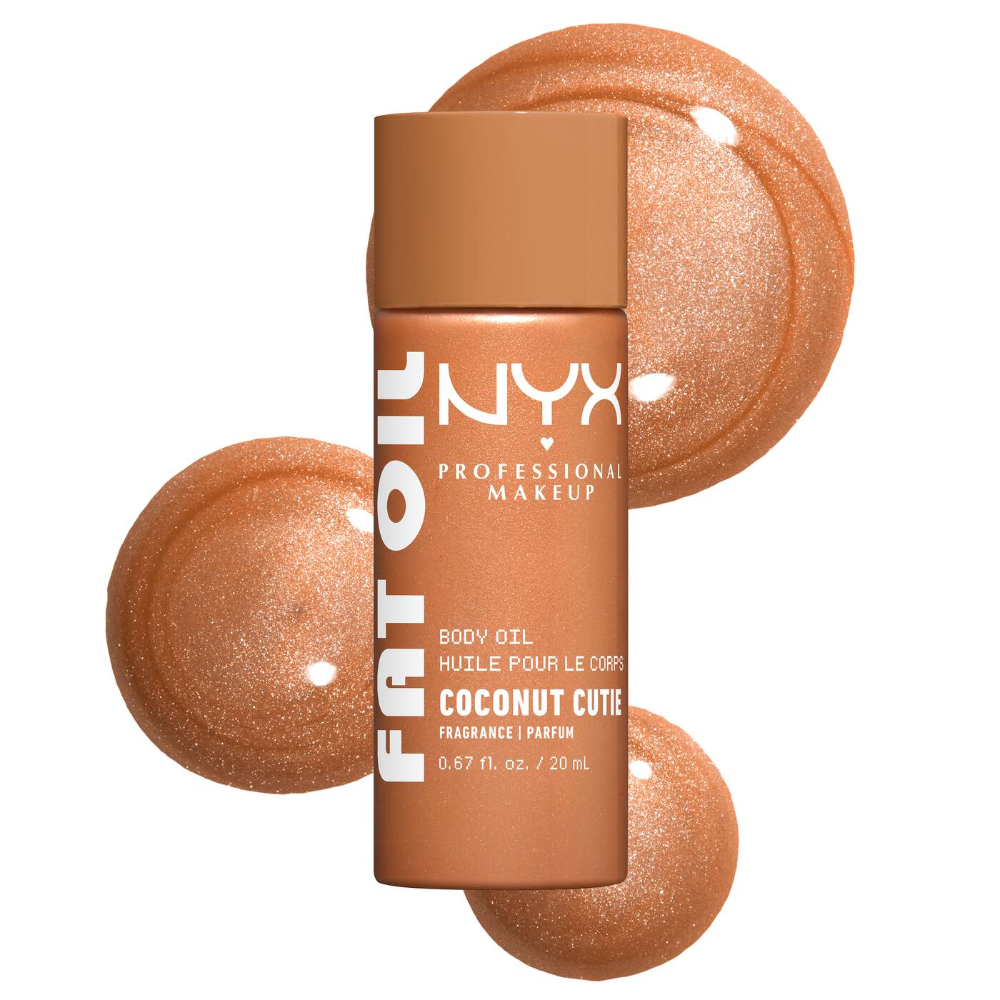 NYX-FAT OIL BODY OIL COCONUT CUTIE Coconut & Peach Scent Body Oil with a golden shimmer finish